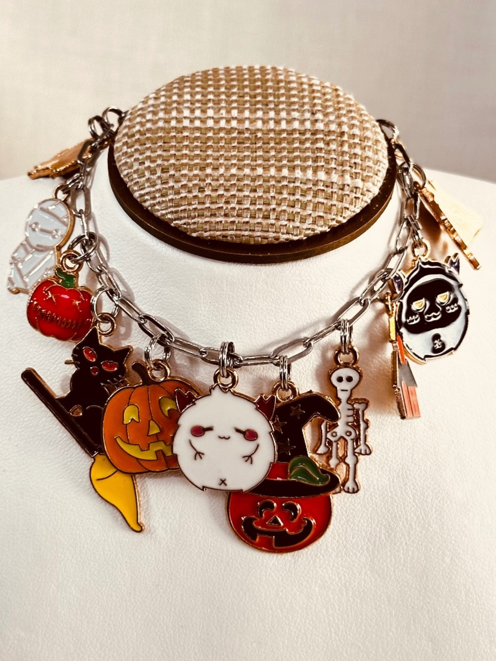 Handmade Halloween Charm Bracelet Stainless Steel Cats Pumpkins Witch Skeleton